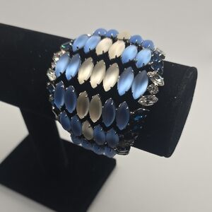 Vintage Satin Glass And Rhinestone Blue and Silver Rhodium Plated Bracelet